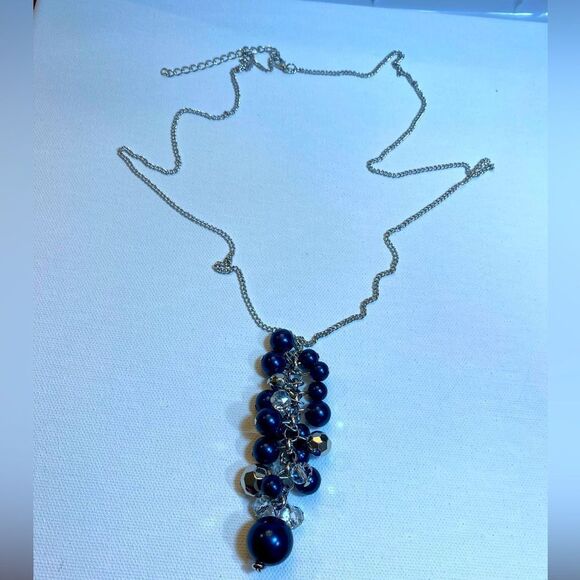 Beautiful blue faux pearl pendant on long chain necklace contemporary minimalist - Picture 1 of 7